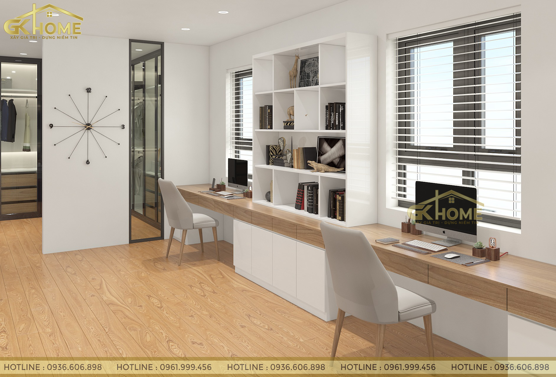 Bàn làm việc được thiết kế tinh tế, ngăn nắp được đặt đối điện cửa sổ sẽ mang lại cảm giác thoáng mát và rộng rãi.