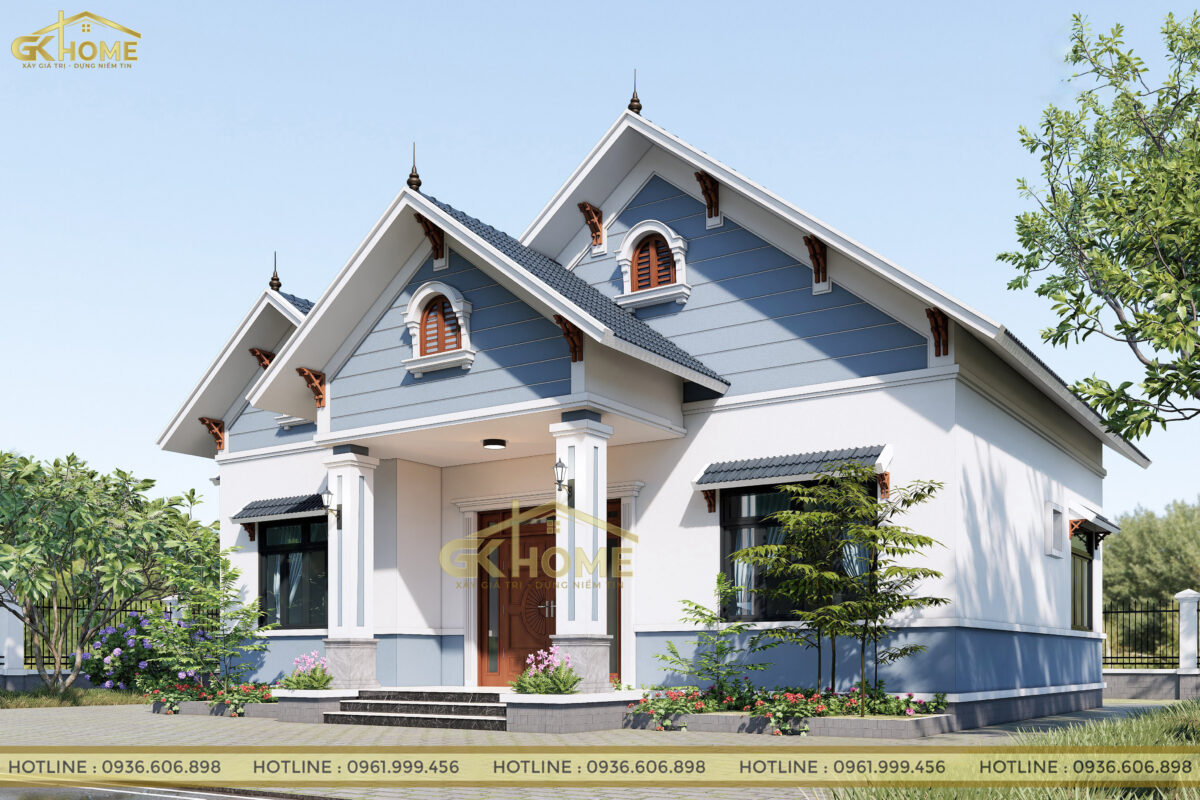 Phối cảnh góc nghiêng của mẫu nhà mái thái 1 tầng