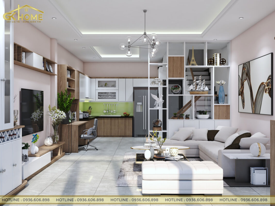 Không gian phòng khách nhìn từ cửa vào trong