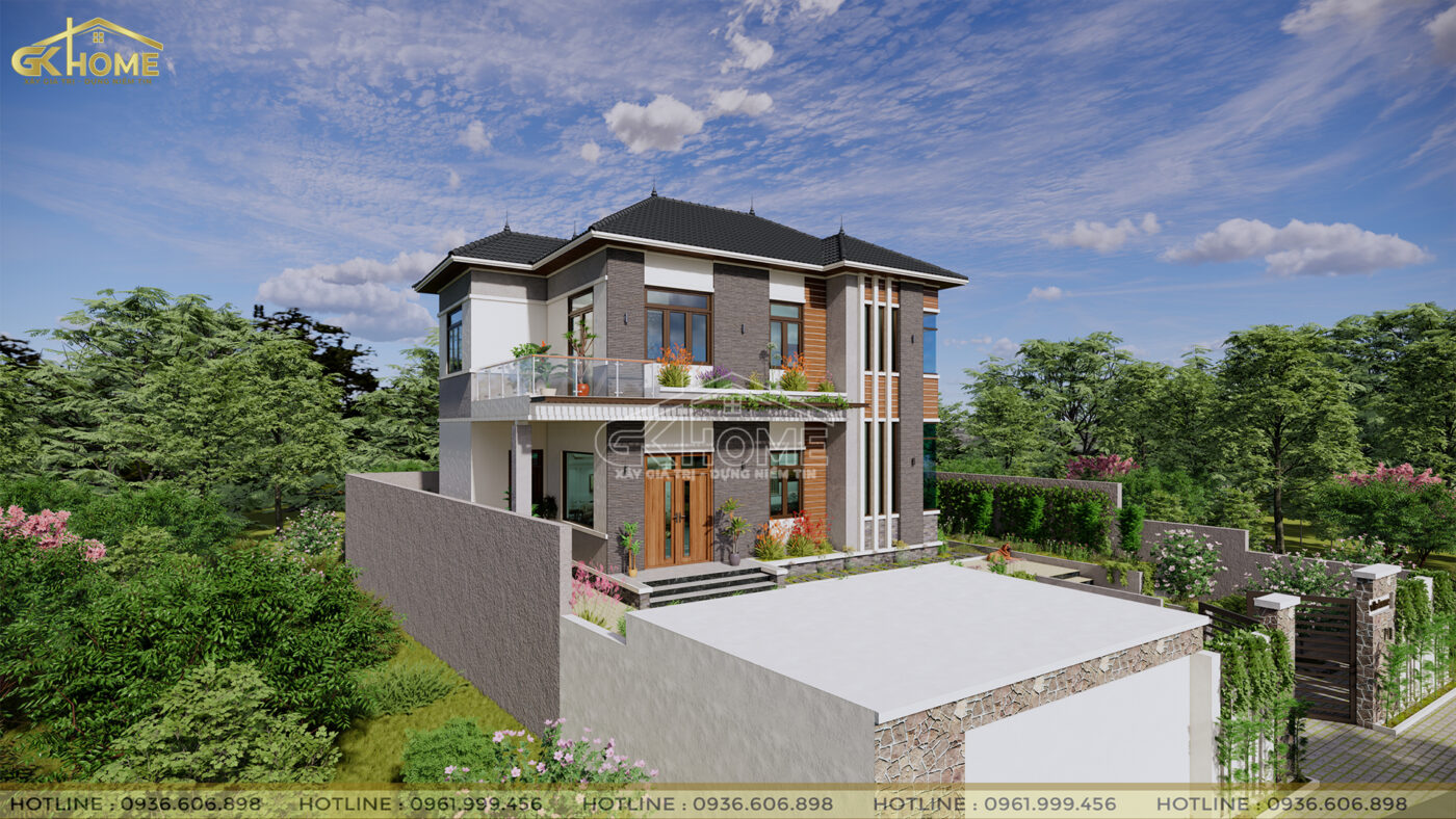 Trụ cửa bê tông được ốp đá xung quanh kết hợp với bồn cây tạo cảm giác thân thiện với môi trường