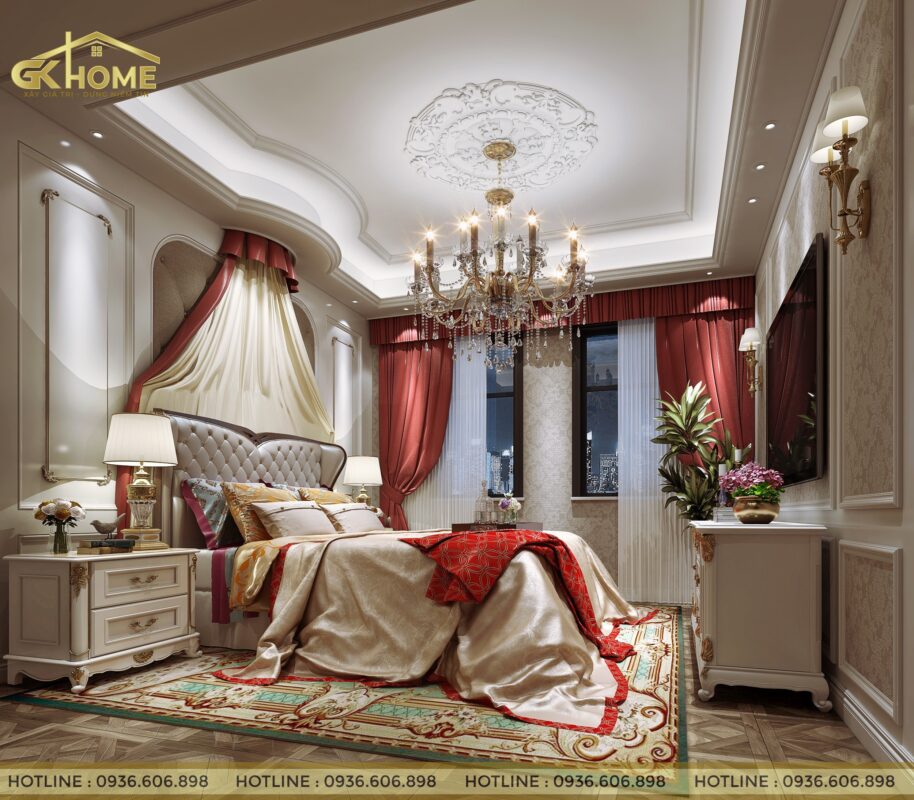 Thiết kế nội thất phòng ngủ từ giường ngủ, tủ trang trí, bàn trang điểm hay tủ áo được bố trí hài hòa.