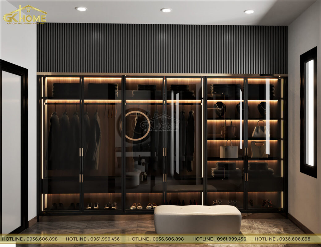 Tận dụng chiều cao căn phòng để thiết kế tủ quần áo đụng trần, sẽ giúp cho chủ nhân có thêm chỗ đựng đồ gần như gấp 2 lần