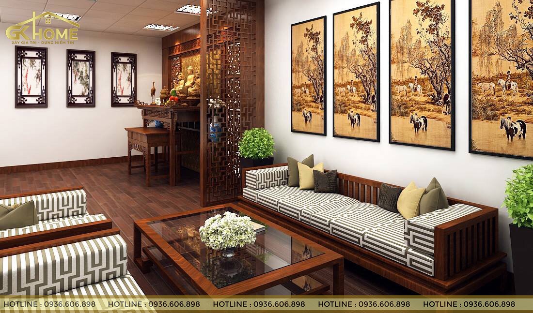 Không gian thờ cúng phân bổ đèn trang trí có ánh sáng vàng phù hợp