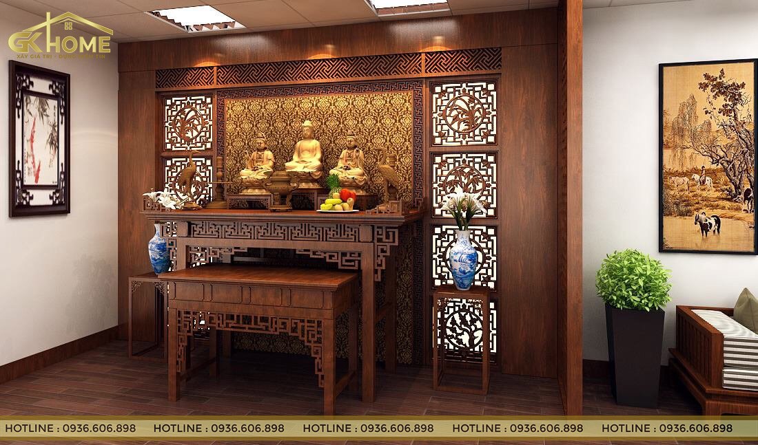 Bàn thờ được làm từ chất liệu gỗ cộng với thiết kế hoa văn kiểu cách vừa mộc mạc vừa hiện đại