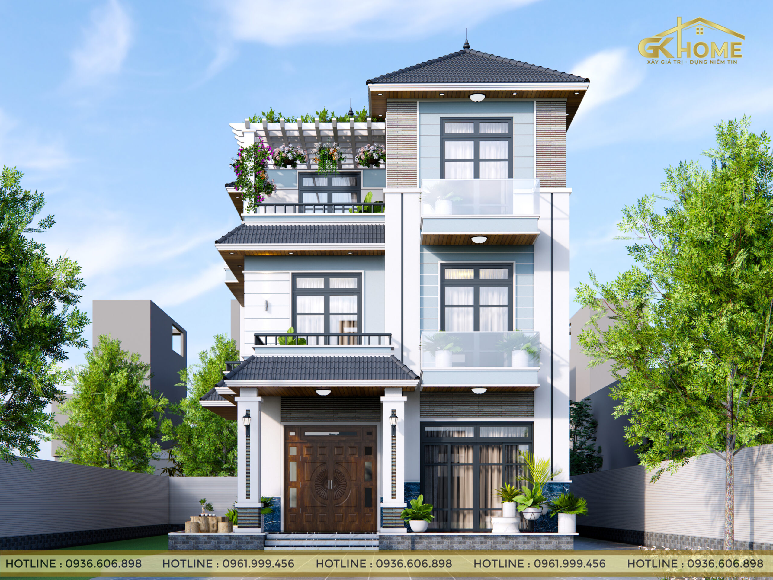 Mẫu nhà 3 tầng đẹp mái thái mặt tiền rộng 8m | Phan Kiến Phát chuyên tư vấn  - thiết kế - xây dựng nhà phố, biệt thự, nhà đẹp, công trình dân dụng.