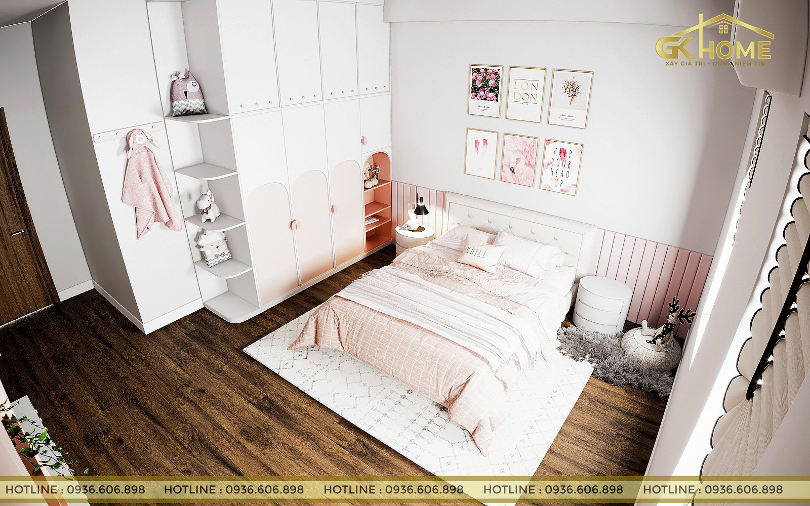 Sắc hồng pastel không quá sắc sỡ mà rất mềm mại, lãng mạn trở thành điểm nhấn trong căn phòng.