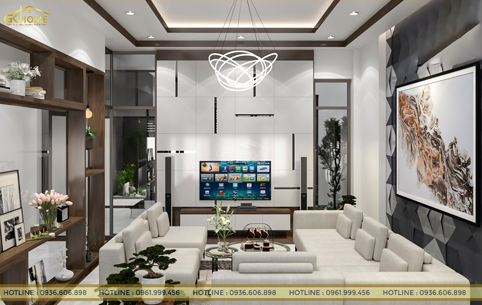 Mẫu nội thất phòng khách đẹp đơn giản, hiện đại nhưng vẫn cuốn hút mọi ánh nhìn bởi chất liệu vách ốp tượng PVC vân đá làm điểm nhấn sang trọng