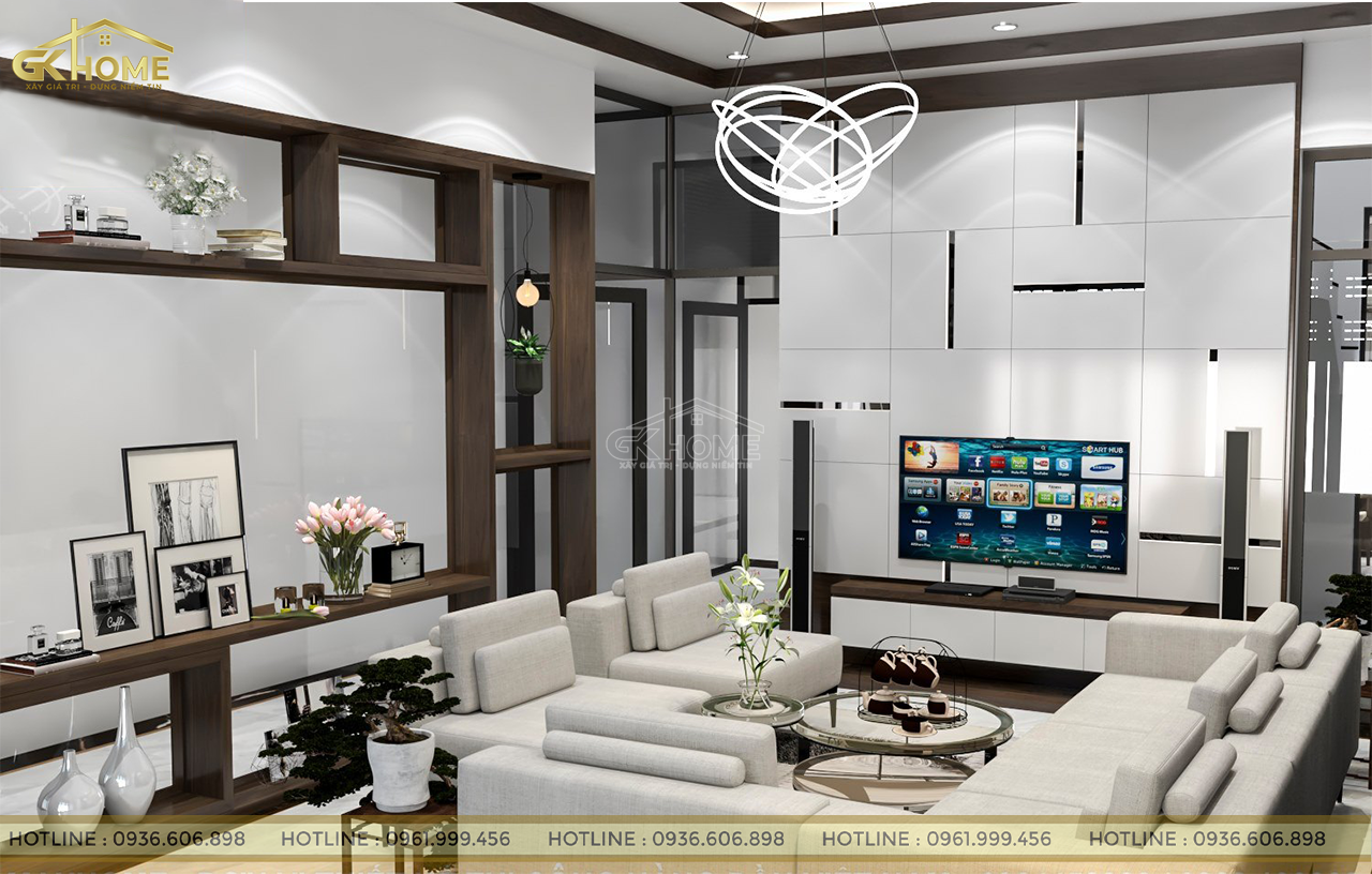 Kệ tivi liền tủ trang trí với phần tường ốp đá sang trọng