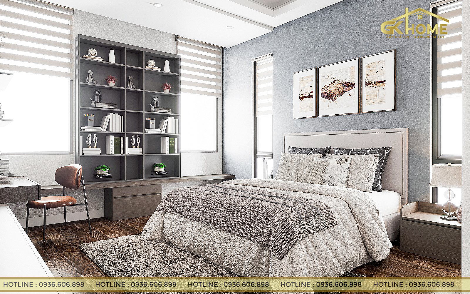 Phòng ngủ gỗ óc chó cực chất với chiếc giường và vách ốp đầu giường độc đáo
