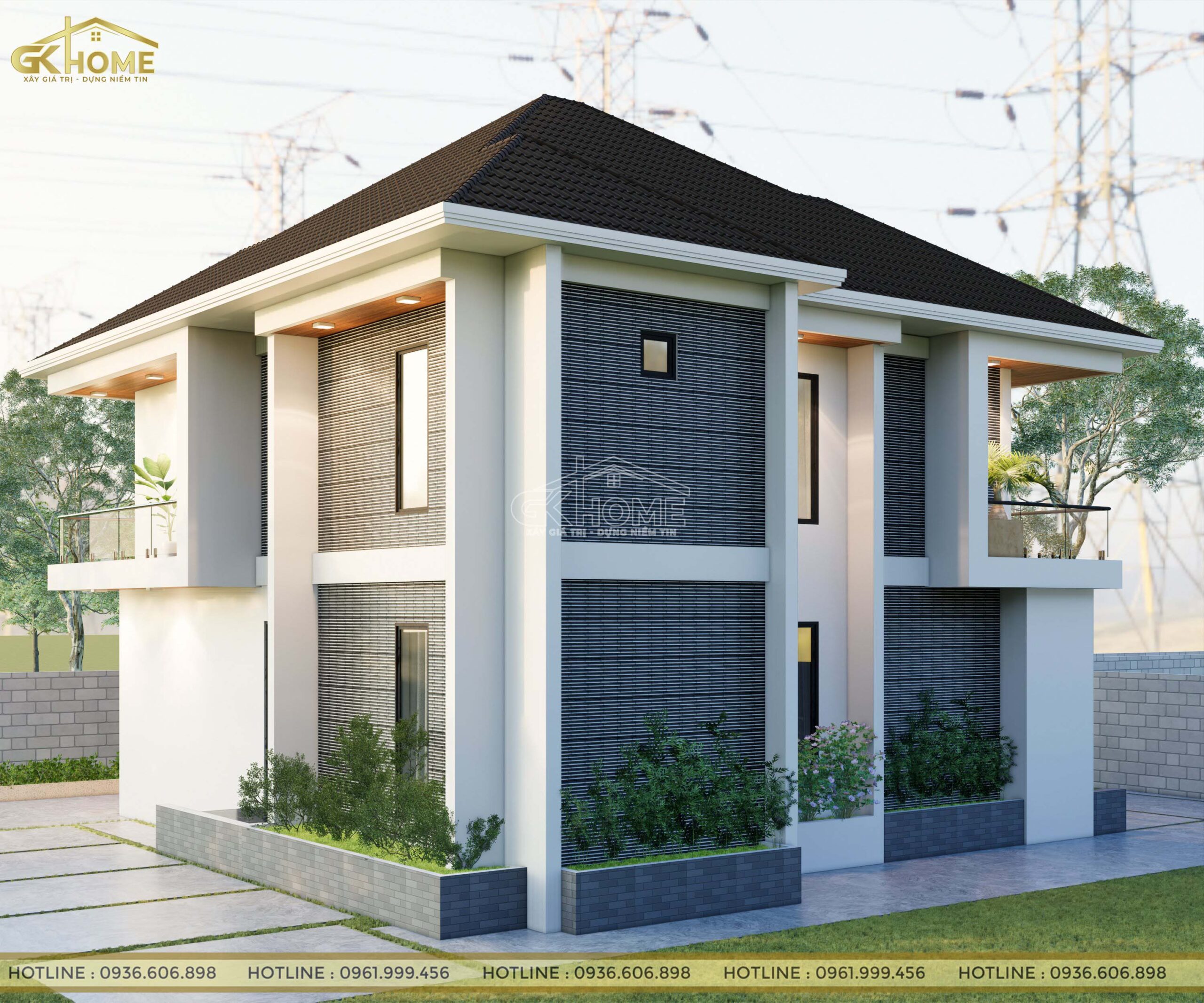 Ngoại thất ngôi nhà gây ấn tượng mạnh mẽ bởi các đường nét kiến trúc, các hình khối hình học độc đáo, các vật liệu trang trí mới lạ.
