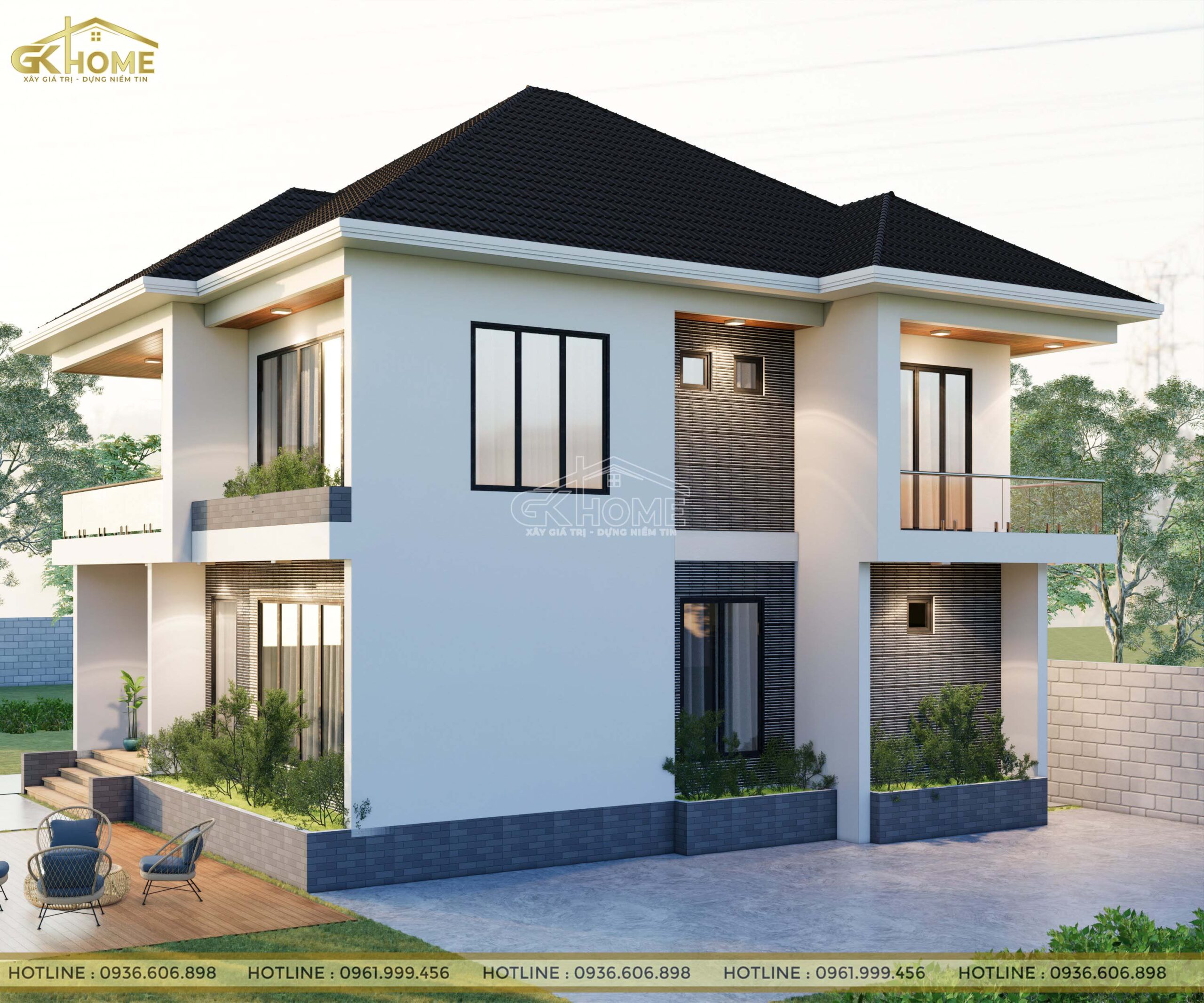 Sự kết hợp giữa kiến trúc hiện đại và mái nhật giúp ngôi biệt thự 2 tầng hiện lên vô cùng thanh thoát, thông thoáng và cao ráo