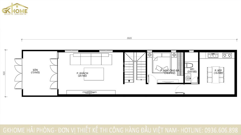 Mặt bằng công năng tầng 1 của ngôi nhà được GKhome bố trí 1 phòng ngủ lớn